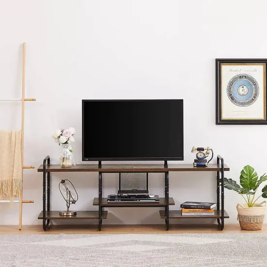 Wood Metal TV Stand with Open Shelves for TVs up to 60 Inches Grey {7}