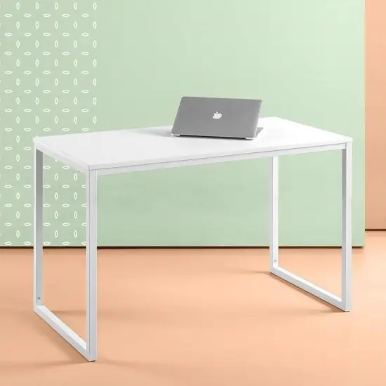 Modern Wood Top Desk with Heavy Duty Steel Frame Perfect for Home Office and Study Use White {2}