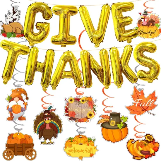 16 Inches Thanksgiving Foil Balloons and Banner - Give Thanks (Gold) {1}