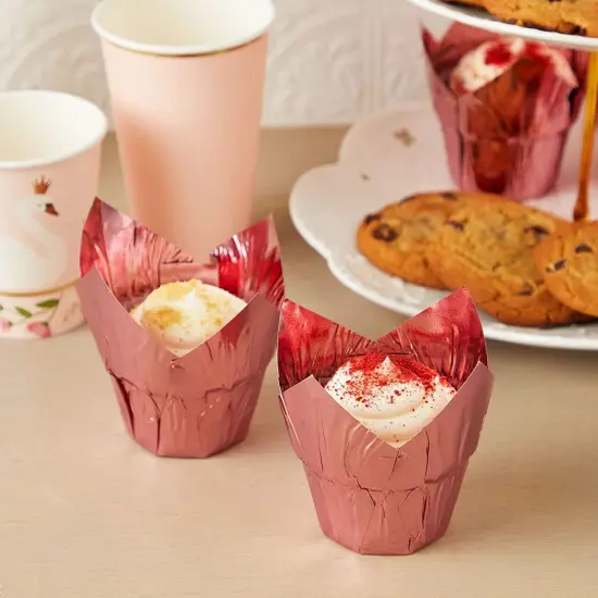 Rose Gold Tulip Cupcake Liners, Foil Muffin Baking Cups 3.25 x 2.8 In, 100 Pack) Pink {3}