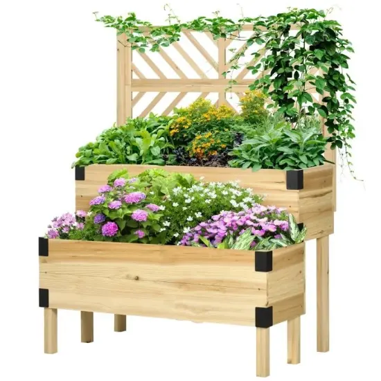 Fir Wood 2-Tier Self Draining Raised Planter Box with Lattice Trellis Grey {7}