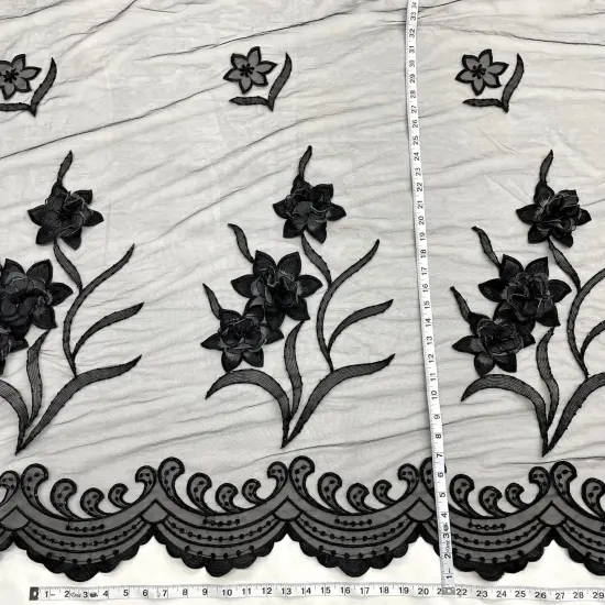 1 Yard Beaded 3D Floral Lace Fabric Embroidered Couture Mesh Gown 52" Width Black {6}