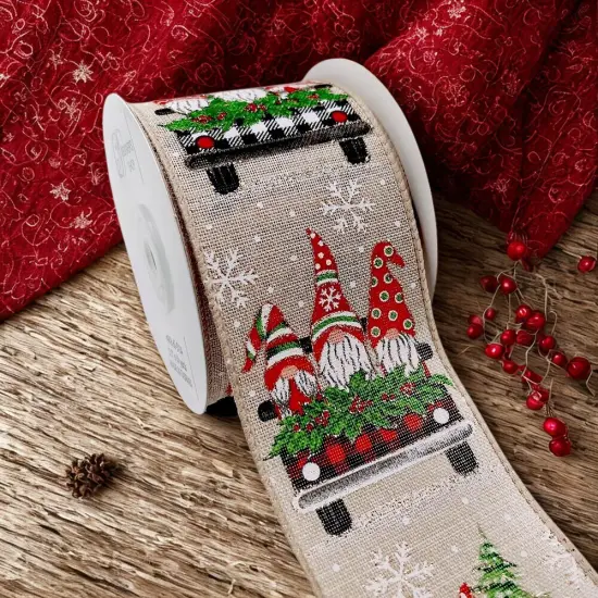 Designer's Shop Holiday Gnomes on truck wired edge ribbon WR 63-5134, 2.5" x 10 yards {6}