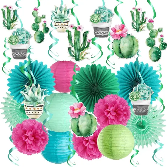 Summer Party Decoration Llama Party Hanging Cactus Swirls Paper Lanterns for Hawaiian Luau Tropical Party Plant Birthday Party Decorations {1}