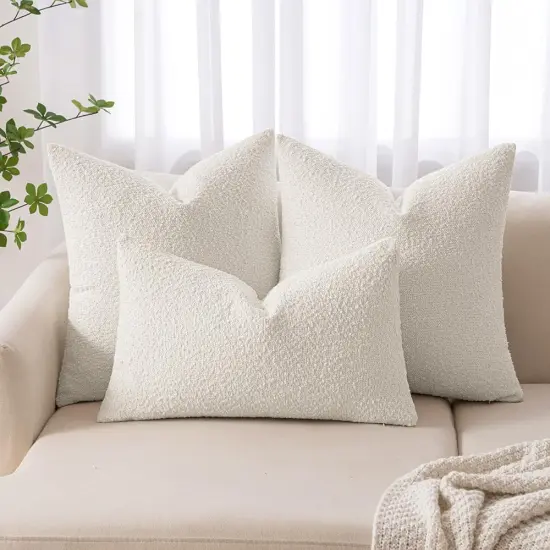 18x18 Inch Decorative Pillow Covers for Couch Bed Set of 2 Textured Boucle Neutral Throw Pillows White Accent Solid Cushion Pillowcase Cozy Soft Chair Sofa Livingroom Home Decor {2}