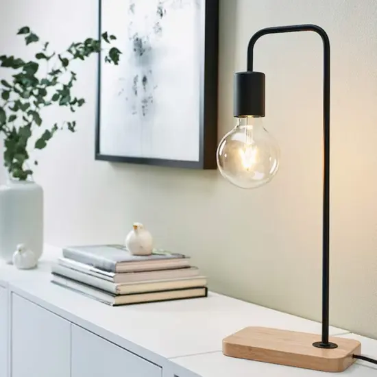 Black and Bamboo Table Lamp with Curved Metal Design {3}