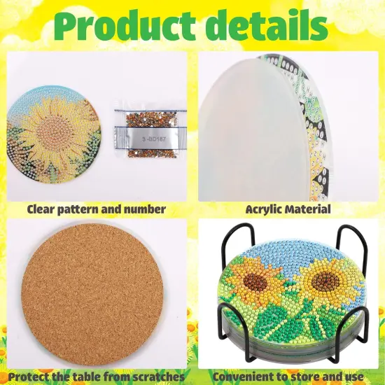 8 Pieces Sunflower Diamond Art Painting Coasters DIY 5D Full Drill Coasters Acrylic Round Cup Coaster with Holder Cork Pads for Spring Summer Party Home Decor DIY Crafts {2}