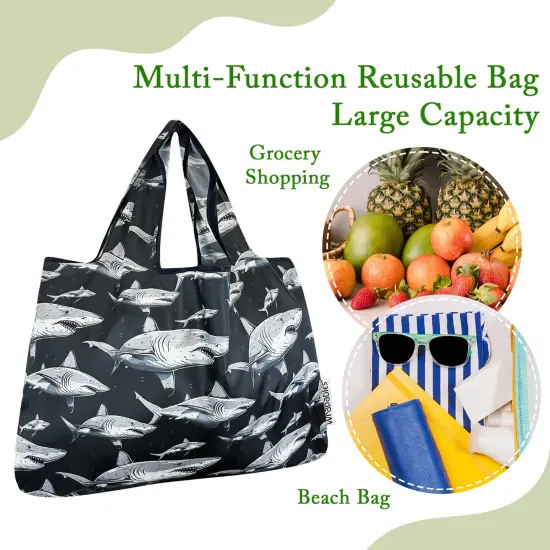 Wrapables Large & Small Foldable Tote Nylon Reusable Grocery Bags, Set of 2, Sharks in Black {5}