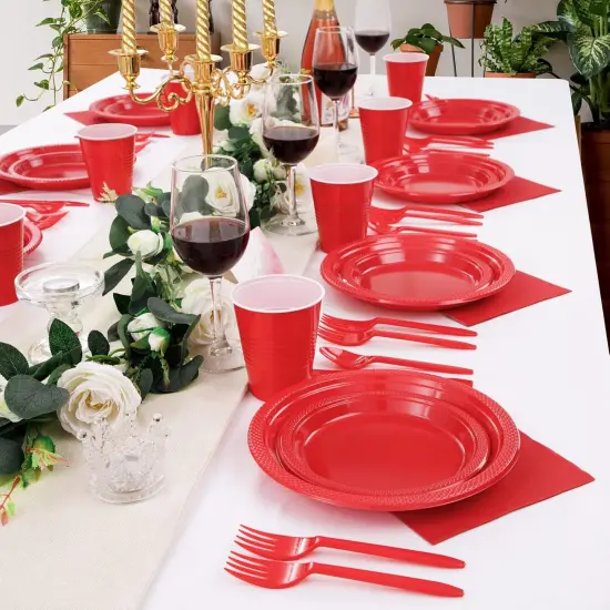 210 Pieces Red Party Supplies Disposable Dinnerware Set, Including Red Plastic Plates, 12OZ Cups, Plastic Cutlery and Paper Napkins {5}