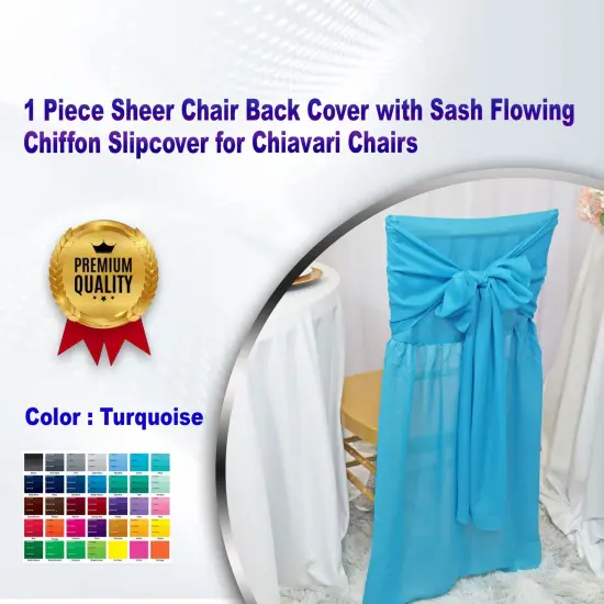 1 Piece Turquoise Sheer Chair Back Cover with Sash Flowing Chiffon Slipcover for Chiavari Chairs {1}
