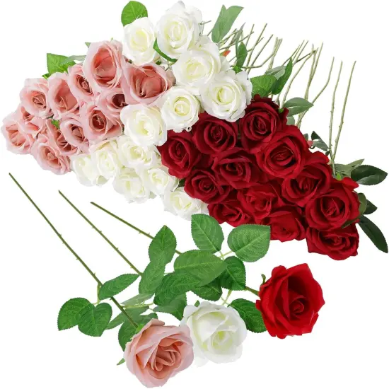 36 Pcs Red White Pink Artificial Roses Bouquet with Long Stems {1}