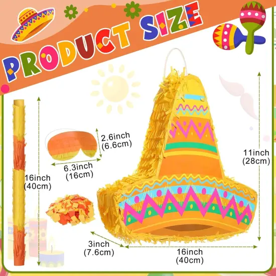 Mexican Themed Party Pinata with Stick Blindfold Confetti Mexican Sombrero Hat Cinco De Mayo Pinata for Cinco De Mayo Fiesta Carnival Birthday Party, 16 x 11 x 3 Inch {2}