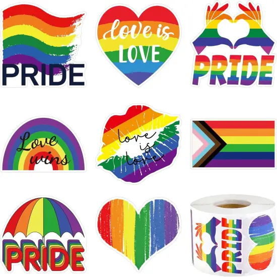 500 Pieces LGBTQ Pride Stickers Roll 8 Design Gay Pride Decal Stickers Self-Adhesive Rainbow Stripe Heart Stickers for Parades and Events {1}