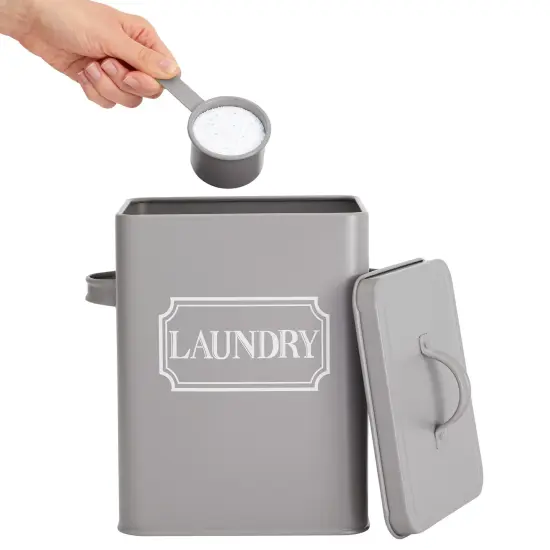 Laundry Detergent Container for Powder, Beads, and Pods, White Laundry Canister with Scoop for Bathroom Organizing and Storage, Modern Farmhouse Design, 100 Ounce Capacity (Gray, 7 x 9 x 6 in) Grey {3}