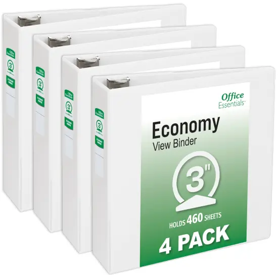 Office Essentials Economy View 3 Ring Binders, 3" Round Rings, 3.5" Spine, 460-Sheet Capacity, White Binders (4-Pack of 03148) {1}