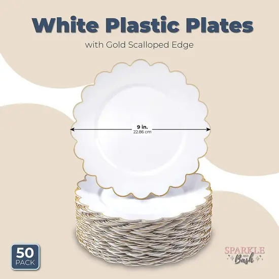 White Plastic Plates with Gold Scalloped Edge (9 Inches, 50 Pack) {4}