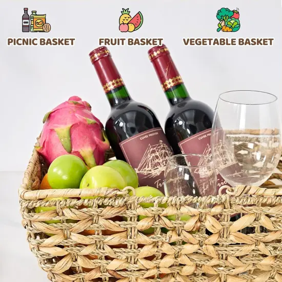 Wicker Picnic Basket with Handles, Wicker Baskets with Wooden Base for Picnic, Camping & Storage Basket {5}