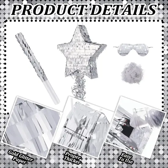 Disco Ball Small Pi&ntilde;ata with Stick Blindfold and Confetti, Silver Foil Pi&ntilde;atas for Birthday Party Kids Adults Retro Birthday Game Party Decorations Supplies(Star) {3}