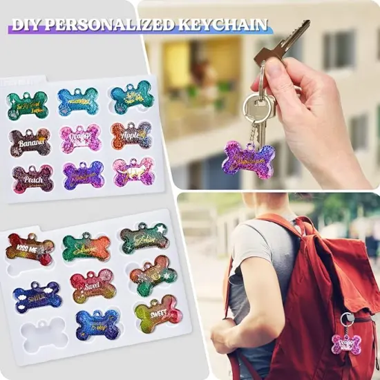 LET'S RESIN Pet Tag Resin Molds Silicone For Cat Dog | Epoxy Resin & UV Resin Bone Shape Keychain Molds with 10Pcs Key Ring & 10pcs Jump Ring, DIY Keychain Pendant Charm Crafts {6}