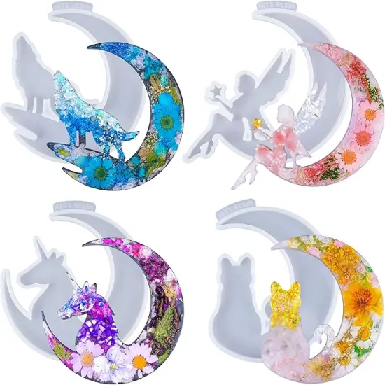 LET'S RESIN Resin Molds, Crescents Moon Molds, Epoxy Molds, Silicone Molds for Epoxy Resin, Wolf with Moon, Cat with Moon, Unicorn with Moon {1}