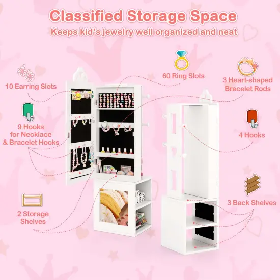 Costway Kids Jewelry Cabinet Standing Children Jewelry Organizer with Full-Length Mirror White/Pink {6}