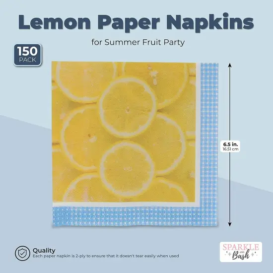 Lemon Paper Napkins for Summer Fruit Party (6.5 x 6.5 In, 150 Pack) Yellow {2}