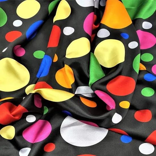 1 Yard Multicolor Polka Dot Satin Fabric Black Background Lightweight Semi Shiny Polyester 58 Inch Width {2}