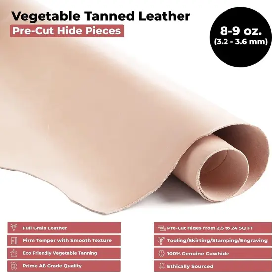 8-9 oz (3.2-3.6mm) ELW Vegetable Tanned | Full Grain Import Cowhide Leather Side - Perfect for Tooling, Molding, Engraving, Dyeing, & Stamping {3}
