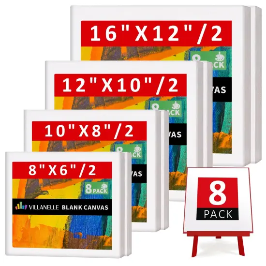 Stretched Canvas, 6x8, 8x10, 10x12, 12x16, 8 Set Artist Canvase Frame Board Panels, 100% Cotton Blank Canvase Oil Acrylic Watercolor Pouring Paint, Acid-Free for Kids & Artists {1}