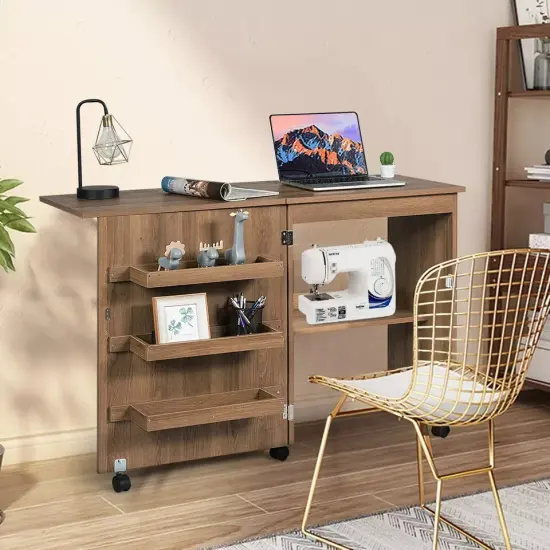 Costway Utility Sewing Craft Table Folding Design w/Storage Cabinet Wheels Brown {3}