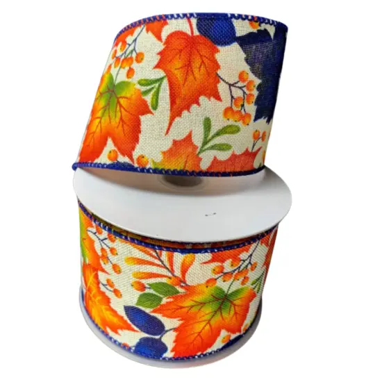 2.5" Linen Fall Leaves Ribbon: Navy/Ivory (10 Yards) {2}