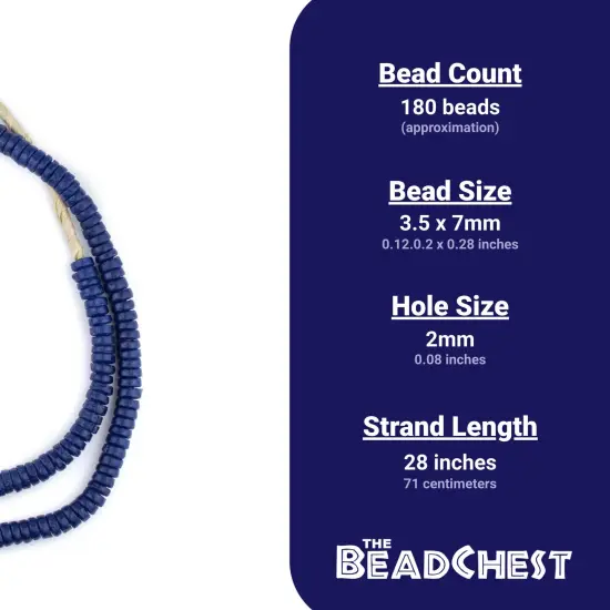The Bead Chest Dark Blue Sandcast Disk Beads - Full Strand of 7mm African Rondelle Donut Glass Beads from Ghana {3}