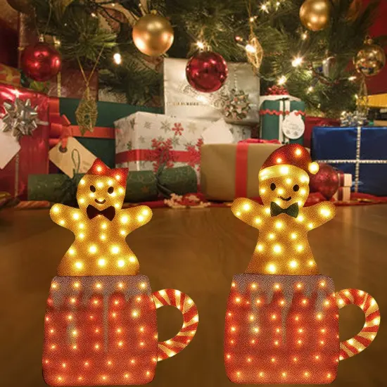 Indoor Holiday Gingerbread Couple Displayed in Festive Mug Duo Set 40" & 42" Tall {2}
