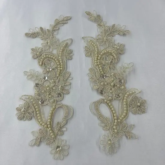 1 Pair Beaded & Corded Floral Lace Applique 9" x 2.5" Each Side Pink (HB) {6}