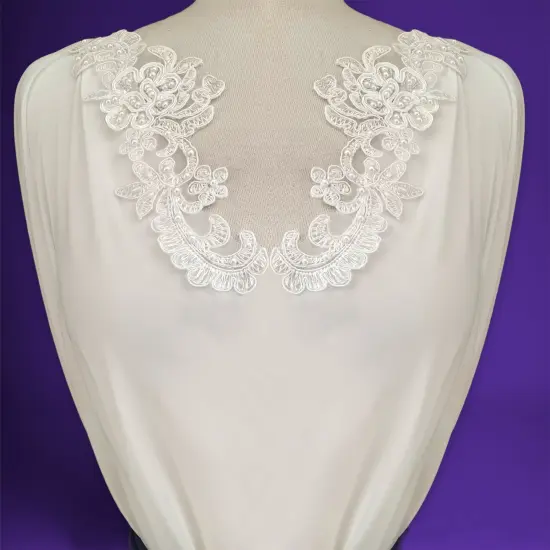 1 Pair Beaded & Corded Floral Lace Applique 2.75" x 8.75" Each Side White {1}