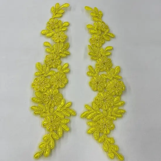 1 Pair 9.5" x 2" Each Side Beaded & Corded Floral Lace Applique Embroidered on 100% Polyester Net Mesh Yellow {1}