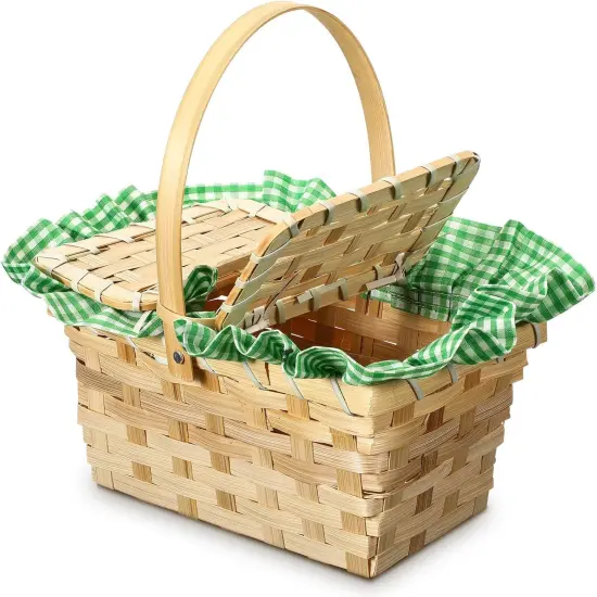 Mini Picnic Basket with Lid and Handle Small Gingham Woven Picnic Hamper (Green and White) {1}