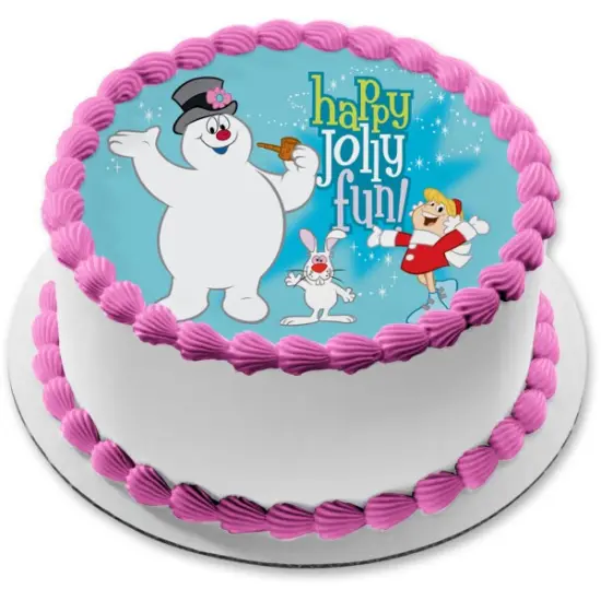 Frosty the Snowman Happy Jolly Fun with Karen and Hocus Pocus Rabbit Edible Cake Topper Image 7.5in Round {1}