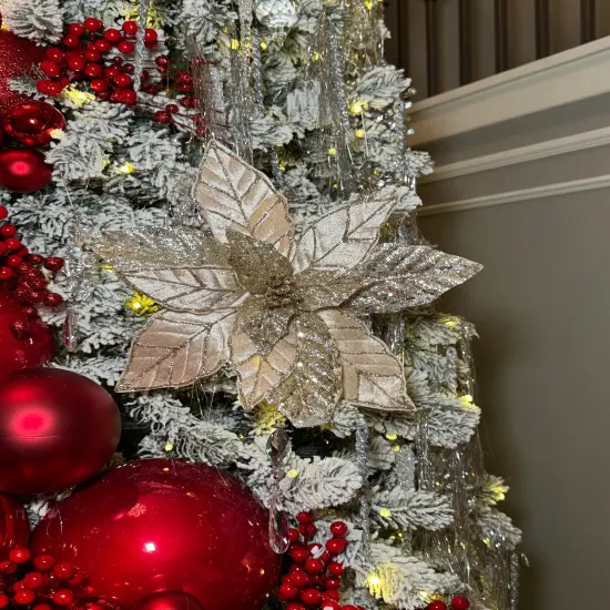 Champagne Glittered Poinsettia Christmas Flower Stem Spray 13'' Set of 3 {1}