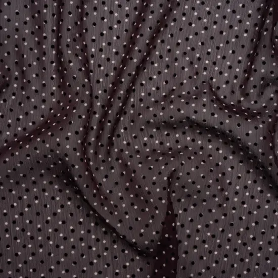 1 Yard Burgundy Crinkled Polyester Chiffon Flocked Dots Little Black & White Polka Dots 57 Inch Wide {2}