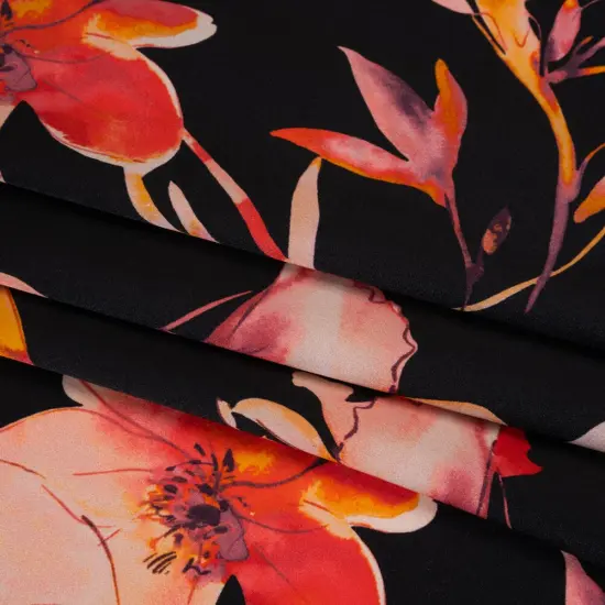 1 Yard Silk Charmeuse Print 53" Wide Black, Orange & Red Watercolor Floral Fabric {3}