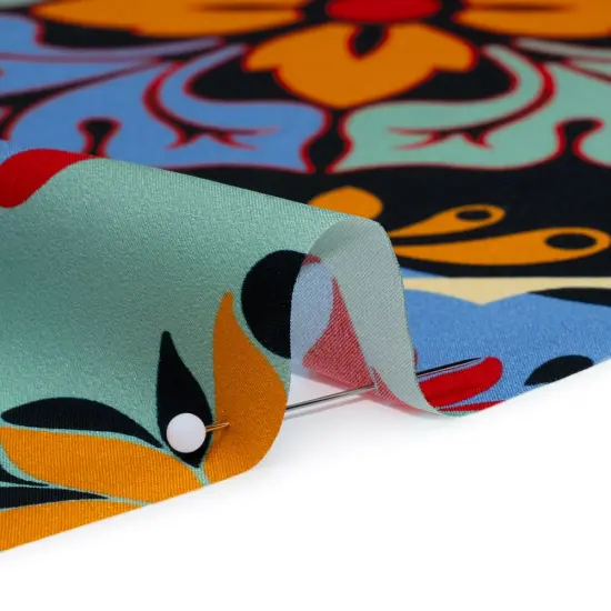 1 Yard Midnight Navy Mint Country Blue Floral Tiles Silk Charmeuse Print, 53 Inches Width {3}