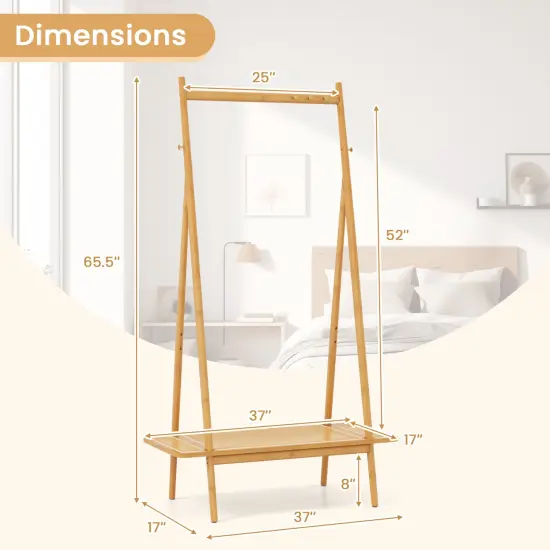 Wicker Clothes Rack with Hanging Rod Rattan Shelf and Copper Hooks Natural {5}