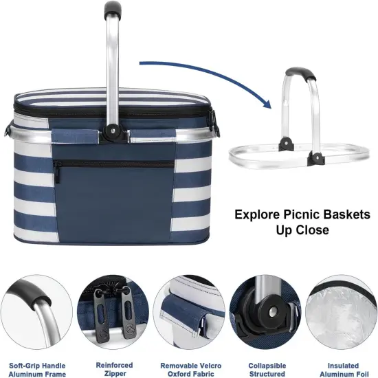 Insulated Picnic Baskets Shoping Basket Cooler Bag Collapsible Portable Picnic Basket (Blue White Stripe) {4}