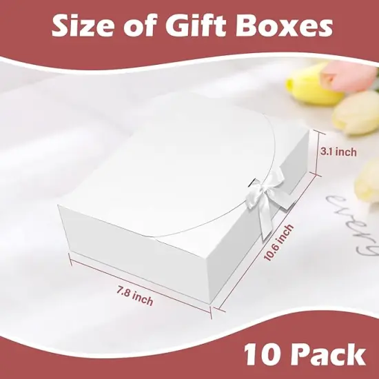 10 PCS Gift Boxes with Lids, 10.6x7.8x3.1 Inch Kraft Paper Gift Box, White with Ribbon, Bridesmaid Proposal Box for Wedding, Packaging, Present, Birthday, Cupcake {3}