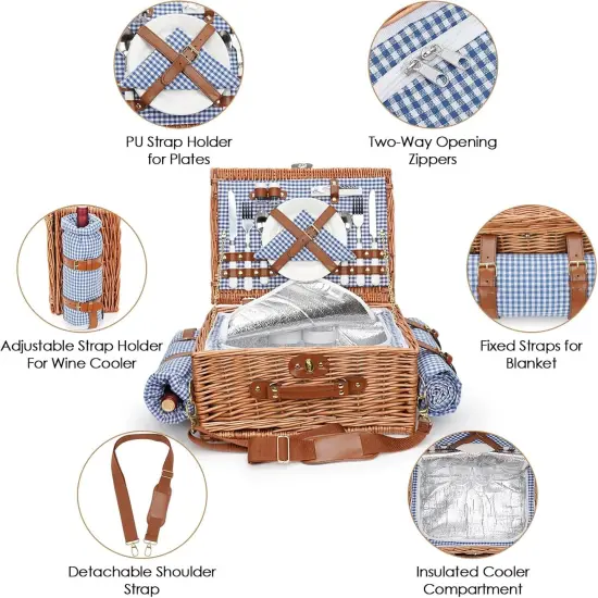 Picnic Baskets for 2, Picnic Basket with Waterproof Blanket, Picnic Basket Set with Washable Beach Mat & Large Insulated Cooler Compartment, Handmade Natural Wicker Hamper for Camping, Outdoor Party {4}