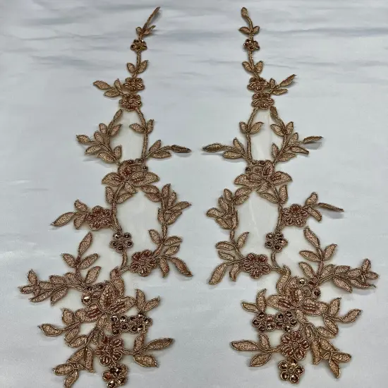 1 Pair Beaded & Corded Floral Lace Applique 17" X 4.5" Each Side, 100% Polyester Net Mesh Ivory {2}