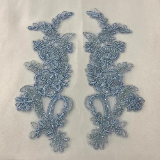 1 Pair Beaded & Corded Floral Lace Applique 9" x 2.5" Each Side Hunter {3}