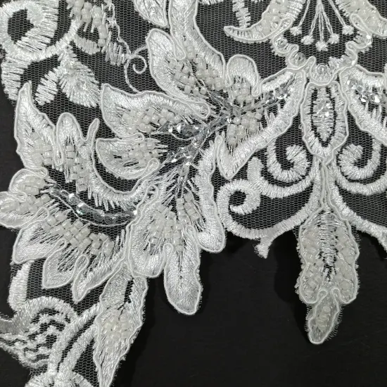 Beaded & Corded Lace Medallion Applique on 100% Polyester Mesh 25" X 10.5" Each White Color {7}