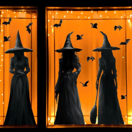 3pcs Large Dark Witch and Bats Silhouette Halloween Decals {5}